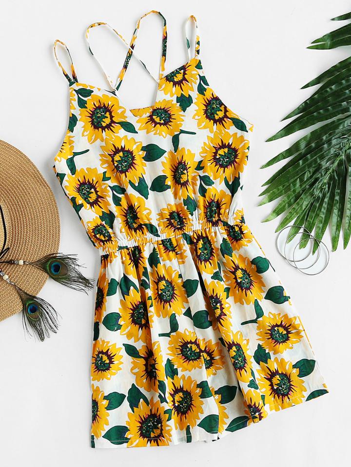 Romwe Sunflower Allover Print Double Strap Blouson Romper
