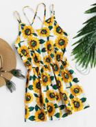 Romwe Sunflower Allover Print Double Strap Blouson Romper