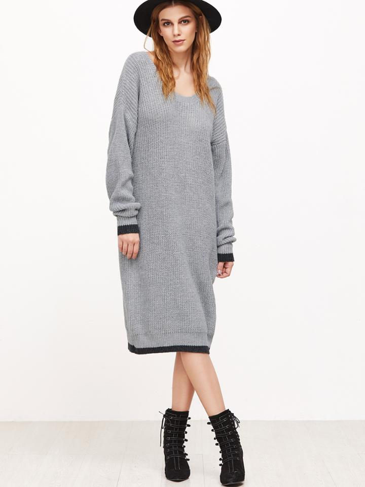 Romwe Contrast Trim Scoop Neck Drop Shoulder Sweater Dress