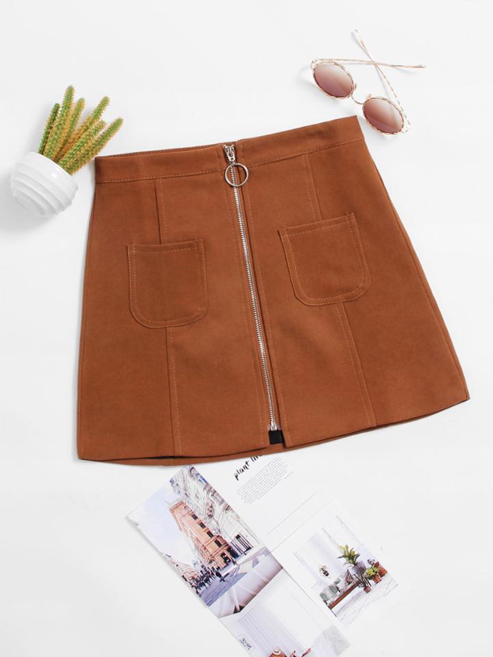Romwe Dual Pocket Zip Up Front Skirt