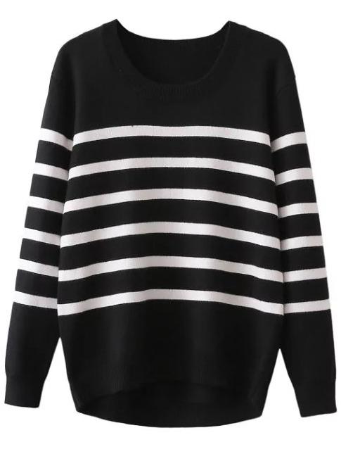 Romwe Black Striped Ribbed Trim Sweater