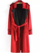 Romwe Lapel Epaulet Tie-waist Red Trench Coat