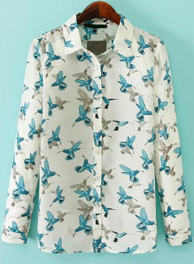 Romwe Birds Print White Blouse