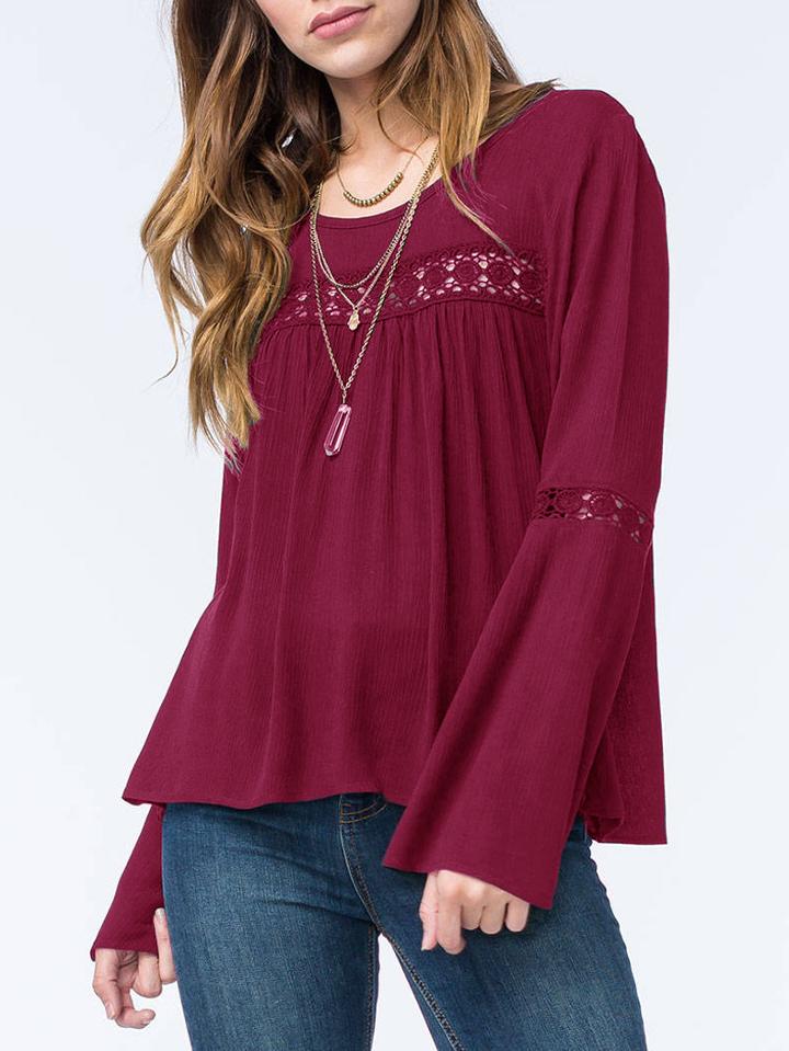 Romwe Burgundy Bell Sleeve Crochet Blouse