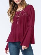 Romwe Burgundy Bell Sleeve Crochet Blouse