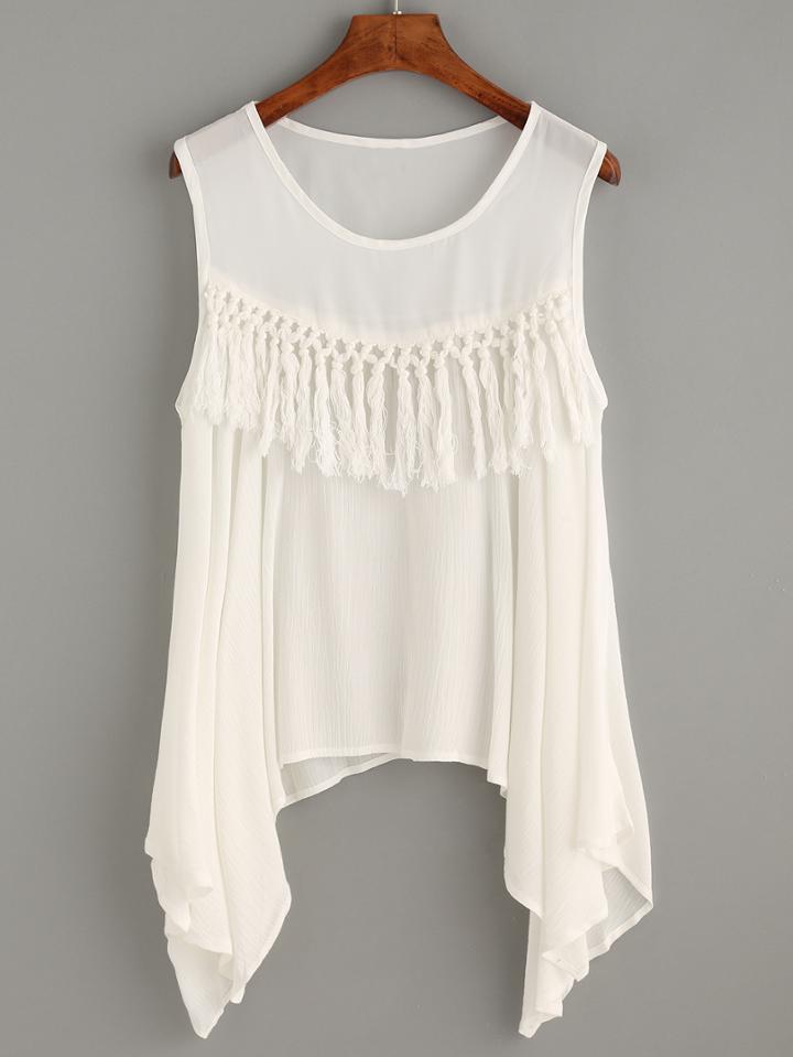 Romwe White Fringe Asymmetrical Tank Top