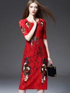 Romwe Red Round Neck Short Sleeve Sequined Lace Dress
