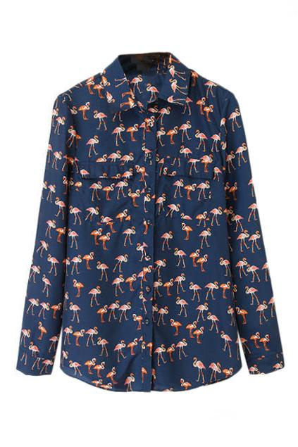 Romwe Flamingo Print Pocketed Shirt