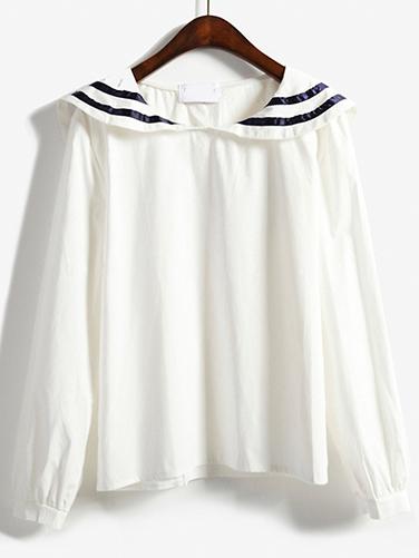 Romwe Doll Collar Striped White Top