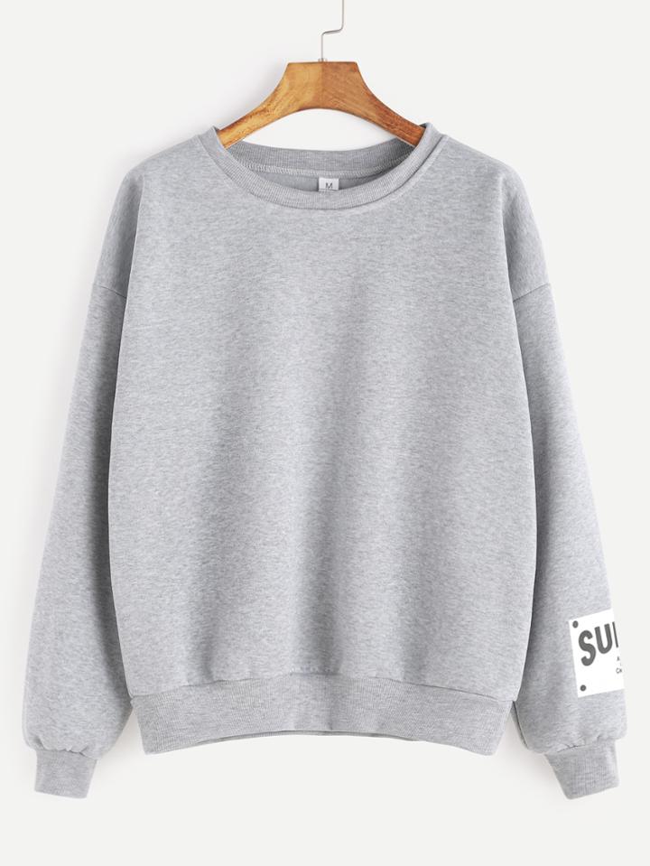 Romwe Light Grey Print Cuff Dropped Shoulder Seam Sweatshirt