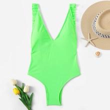 Romwe Neon Lime Frill Trim Plunge One Piece Swimwear