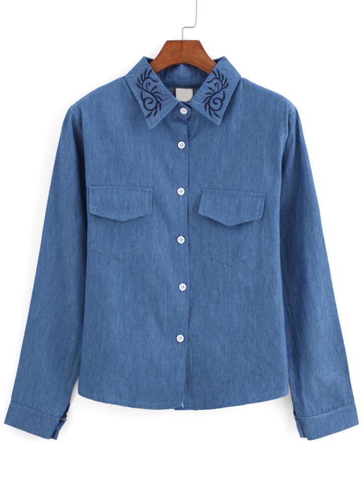Romwe Lapel Embroidered Denim Blouse