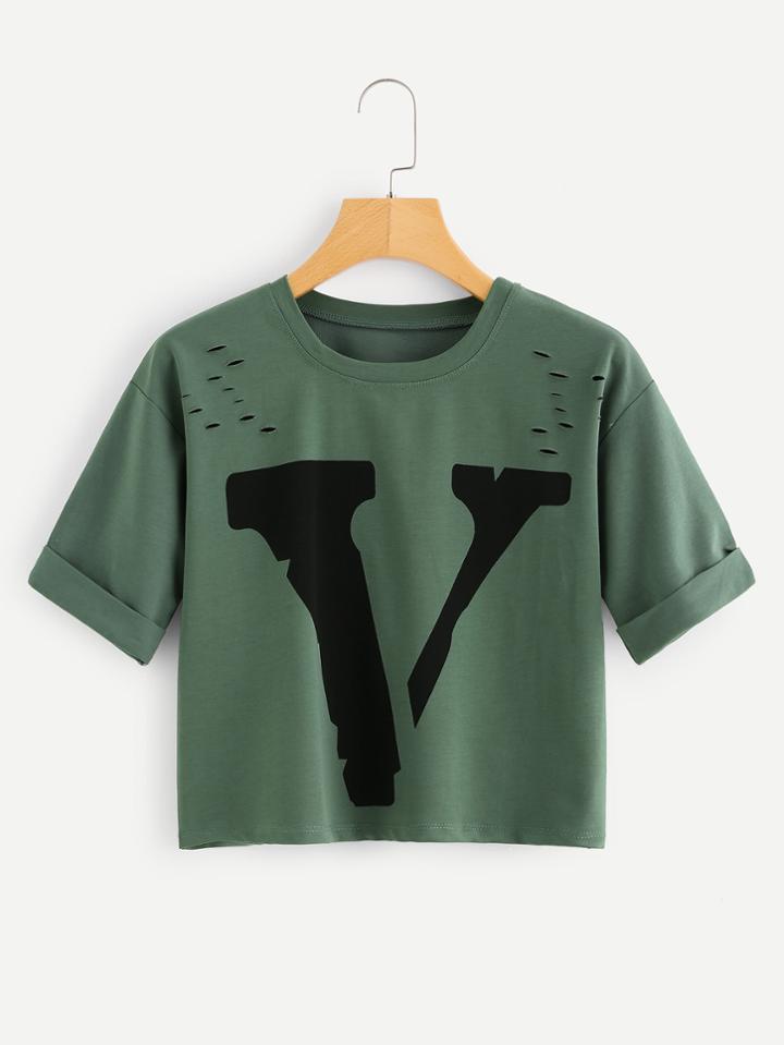 Romwe Letter Print Ripped Cuffed Crop Tee