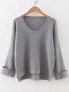 Romwe Grey V Neck Rolled Cuff High Low Sweater
