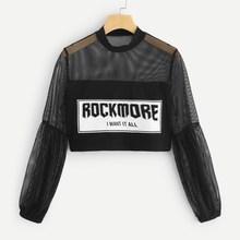 Romwe Contrast Mesh Letter Print Sweatshirt