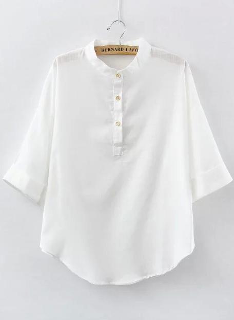 Romwe Stand Collar With Buttons White Blouse