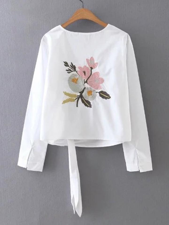 Romwe Flower Embroidered Knot Back Top