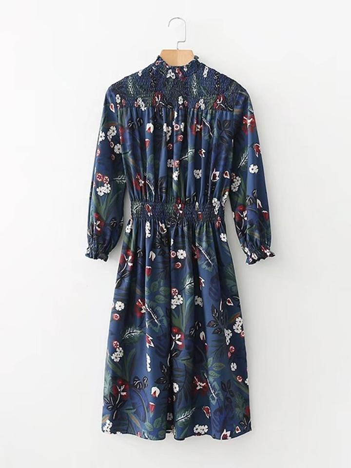 Romwe Floral Print Shirred Dress