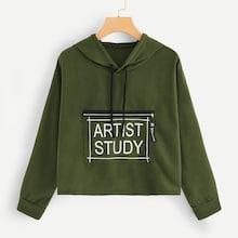 Romwe Letter Print Zip Detail Drawstring Tee