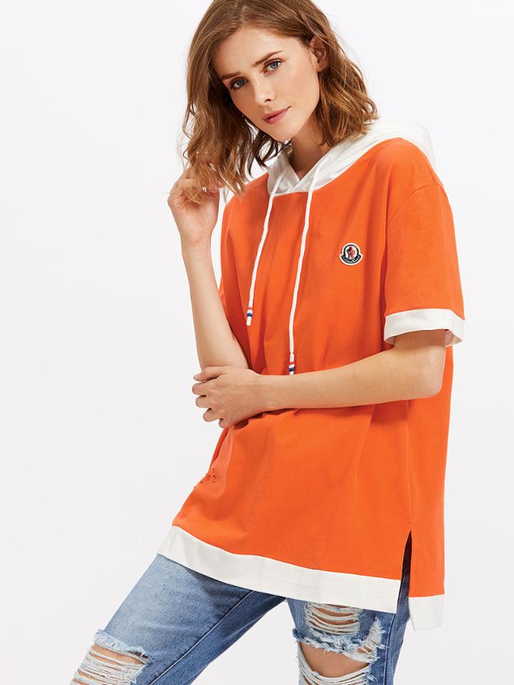 Romwe Contrast Trim Slit Side High Low Ripped Tee