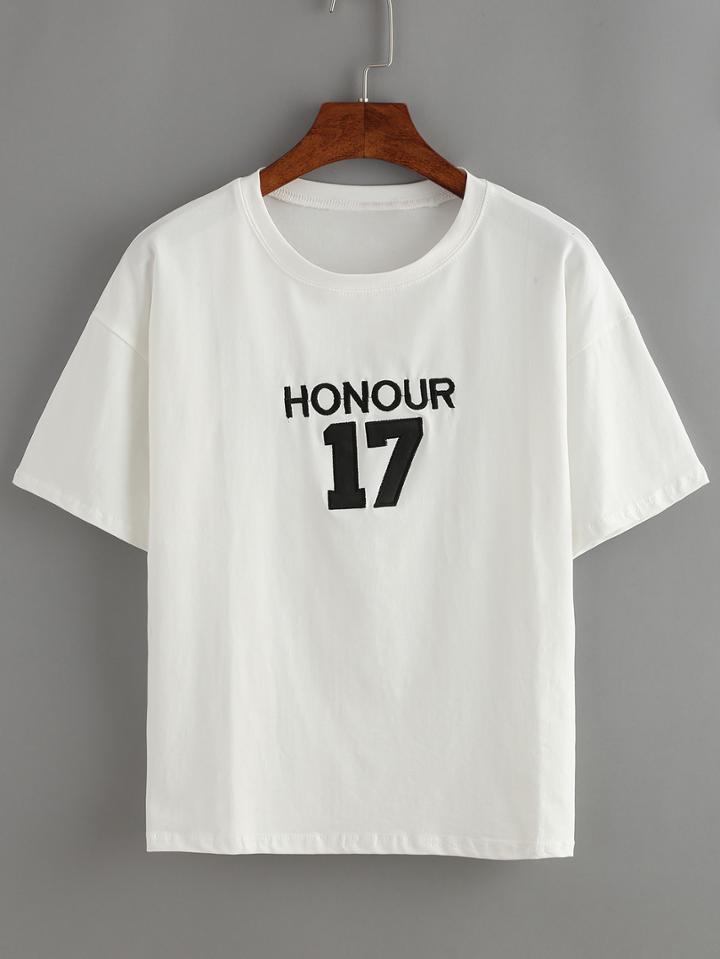 Romwe White Letters Embroidered T-shirt