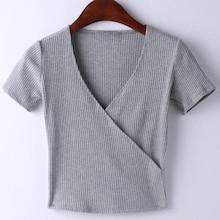 Romwe V Neck Surplice Wrap Rib T-shirt