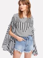 Romwe Mixed Print Lace Up Exaggerate Sleeve Top