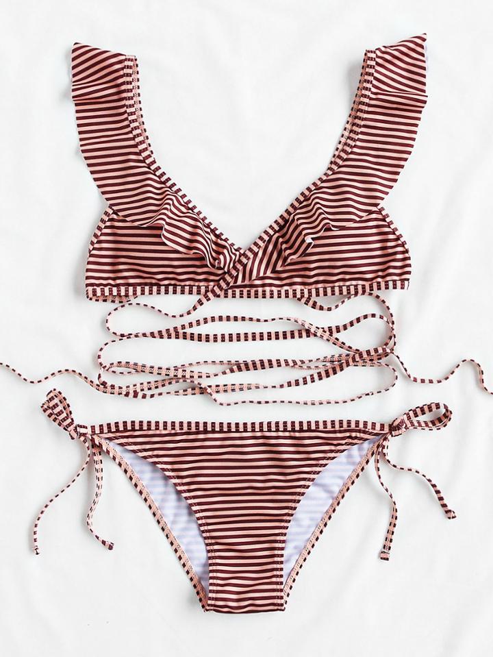 Romwe Striped Print Strappy Bikini Set