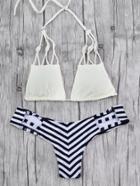 Romwe Striped Print Shell Embellished Bikini Set