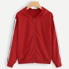 Romwe Zip Front Hoodie Striped Coat