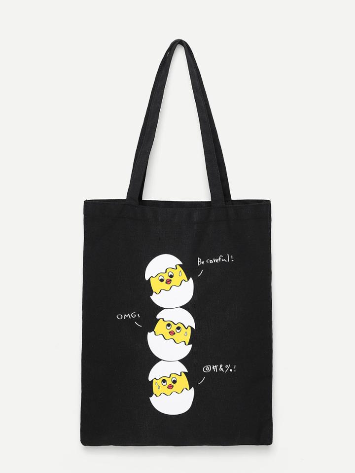 Romwe Cartoon Print Canvas Tote Bag