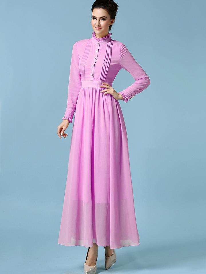 Romwe Purple Stand Collar With Buttons Chiffon Dress