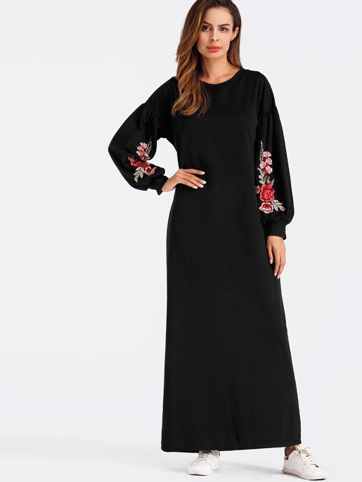 Romwe Lantern Sleeve Rose Applique Full Length Dress