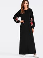 Romwe Lantern Sleeve Rose Applique Full Length Dress