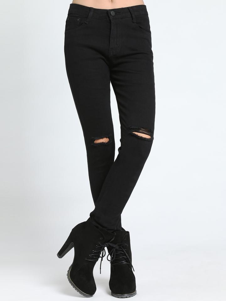 Romwe Ripped Skinny Denim Black Pant