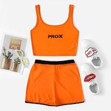 Romwe Letter Print Crop Top With Contrast Trim Shorts