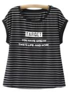 Romwe Black Round Neck Letters Print Stripe T-shirt