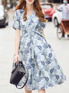 Romwe Blue V Neck Jacquard Tie-waist Dress