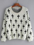 Romwe Cross Print Mohair Green Sweater