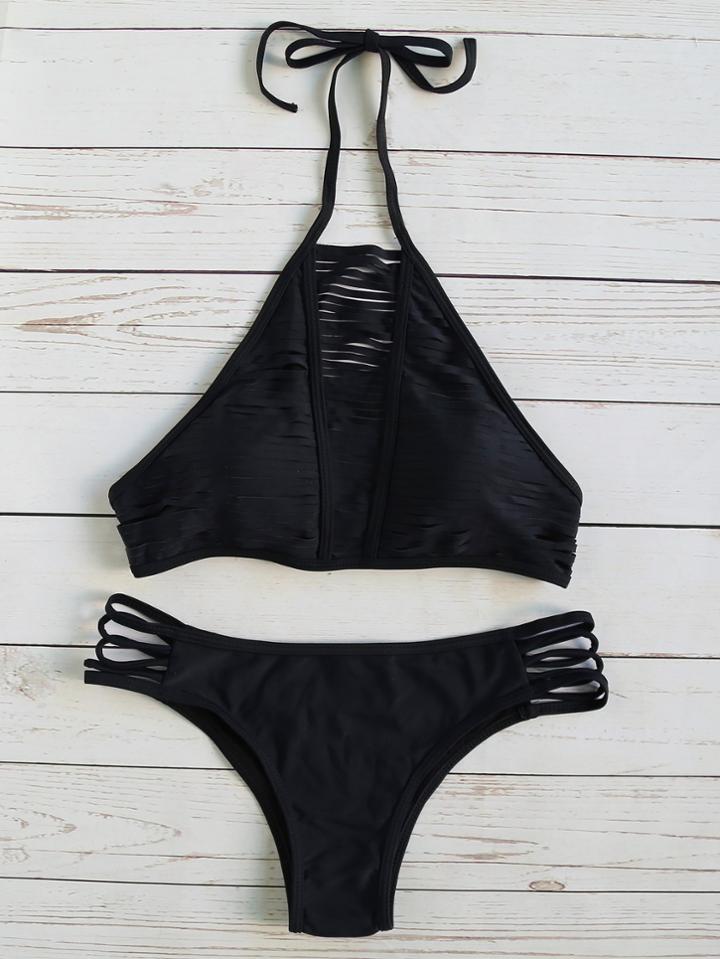 Romwe Black Ladder Cutout Halter Bikini Set