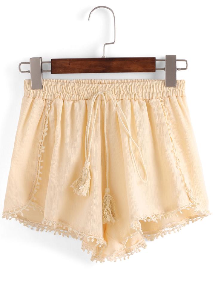 Romwe Pom Pom Trimmed Elastic Waist Shorts - Apricot