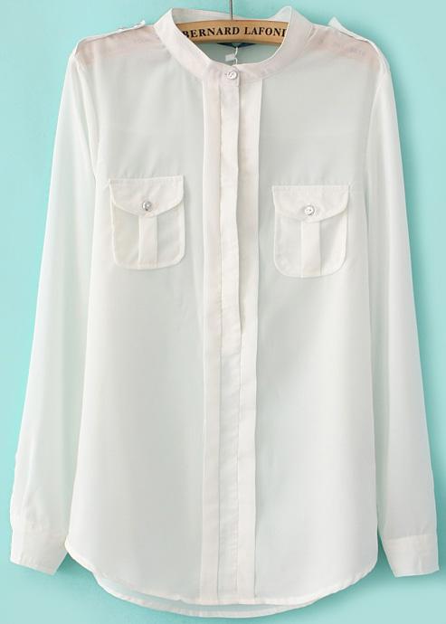 Romwe Pockets Epaulet Chiffon White Blouse