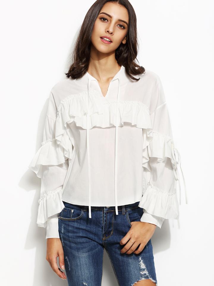 Romwe White Ruffle Trim Lace Up High Low Top
