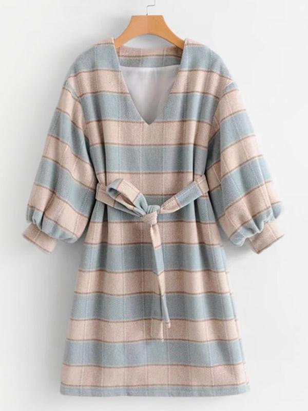 Romwe Lantern Sleeve Self Tie Plaid Dress