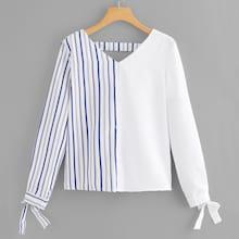 Romwe Bow Detail Cuff Striped Blouse