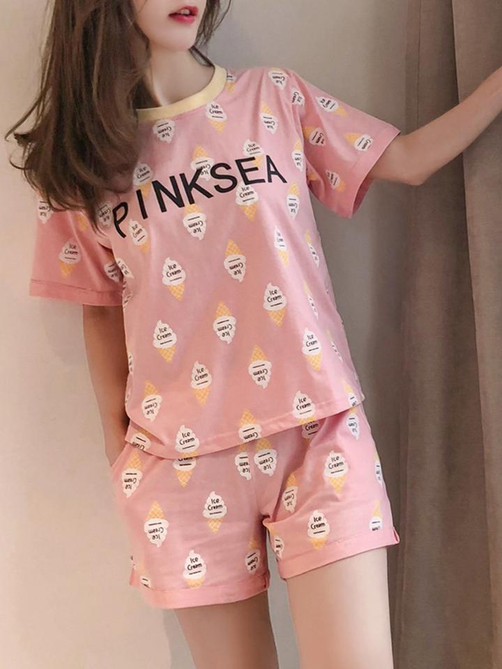 Romwe Ice Cream Print Top & Shorts Pj Set