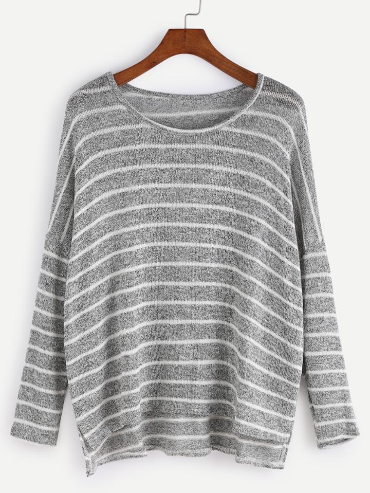 Romwe Heather Grey Striped Drop Shoulder High Low Knitwear