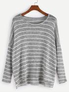 Romwe Heather Grey Striped Drop Shoulder High Low Knitwear
