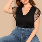 Romwe Plus Mesh Contrast Flutter Sleeve V-neck Tee