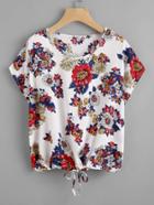 Romwe Calico Print Drawstring Top